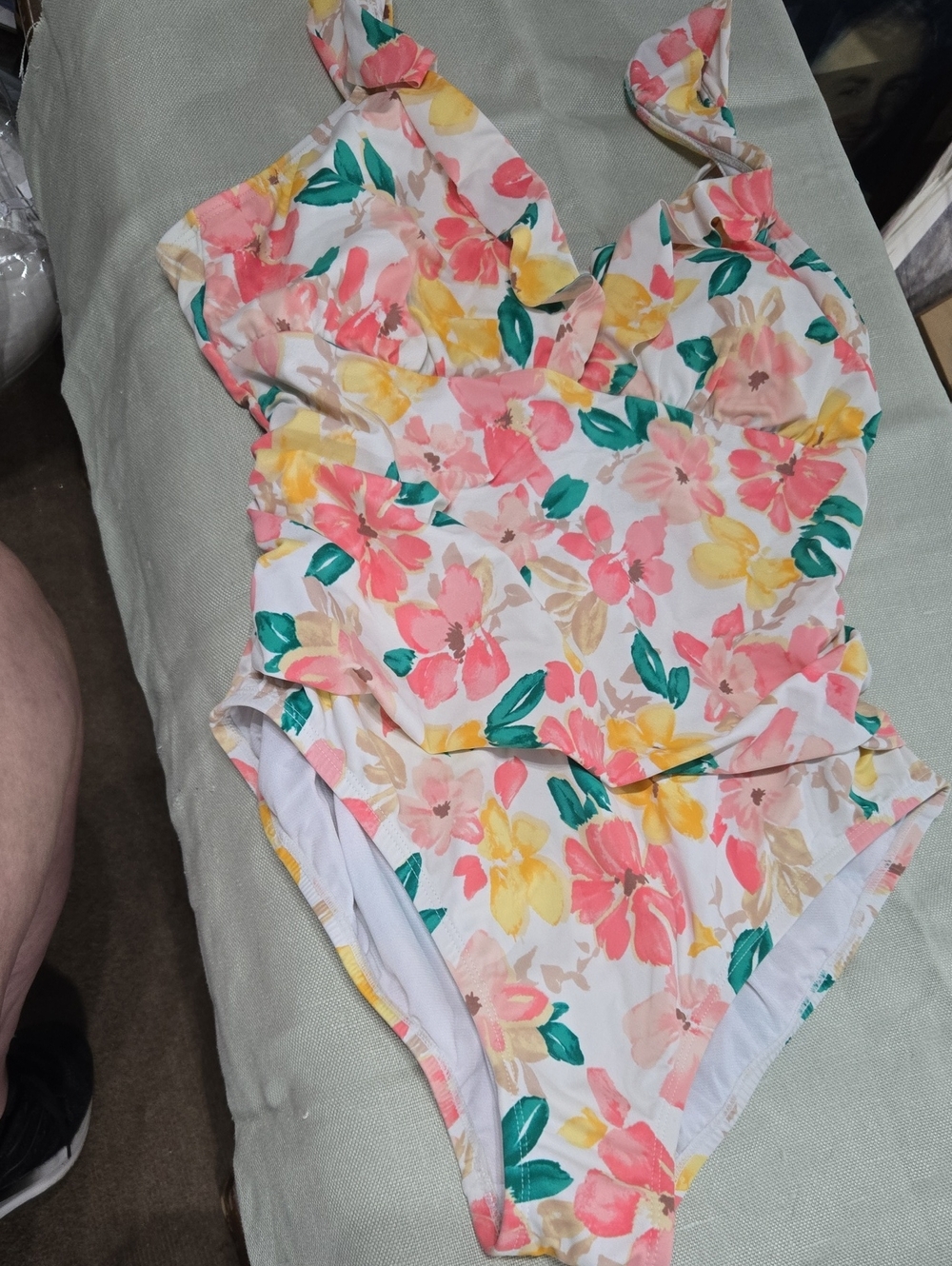 Time and Tru Floral One-Piece Swimsuit in White, Pink, Yellow, Green